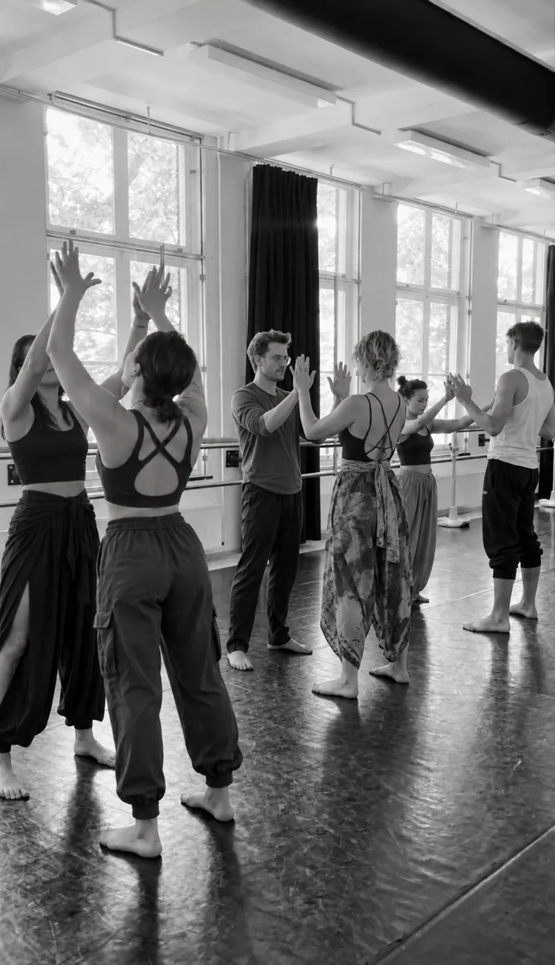 Participants standing with their arms raised in the studio