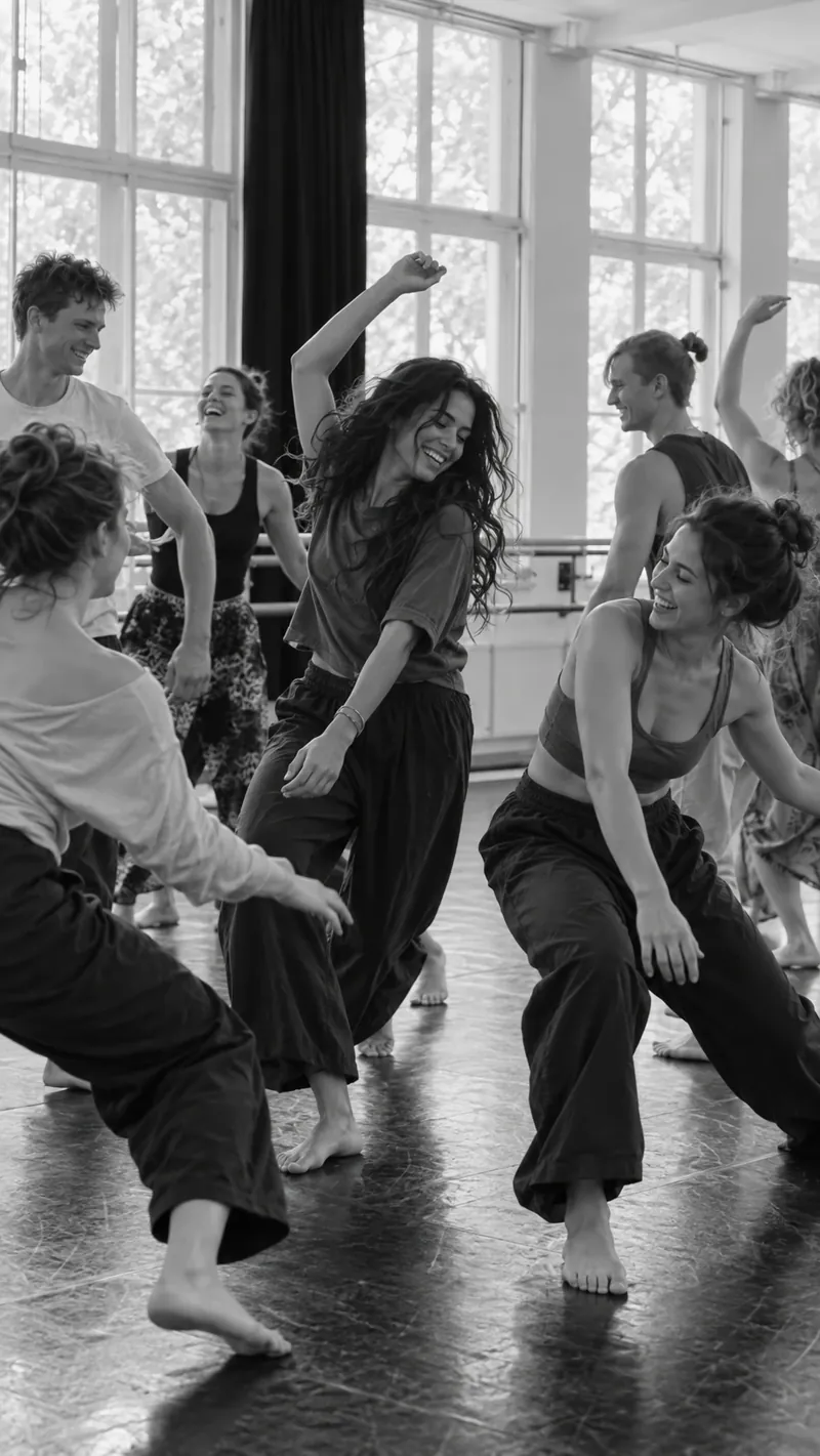 Participants dancing and laughing through the studio