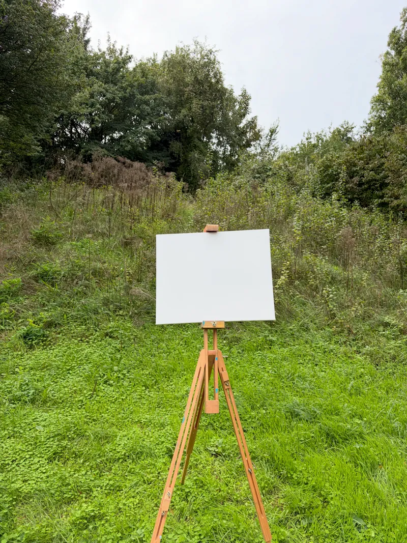 An empty canvas on an easel surrounded by greenery