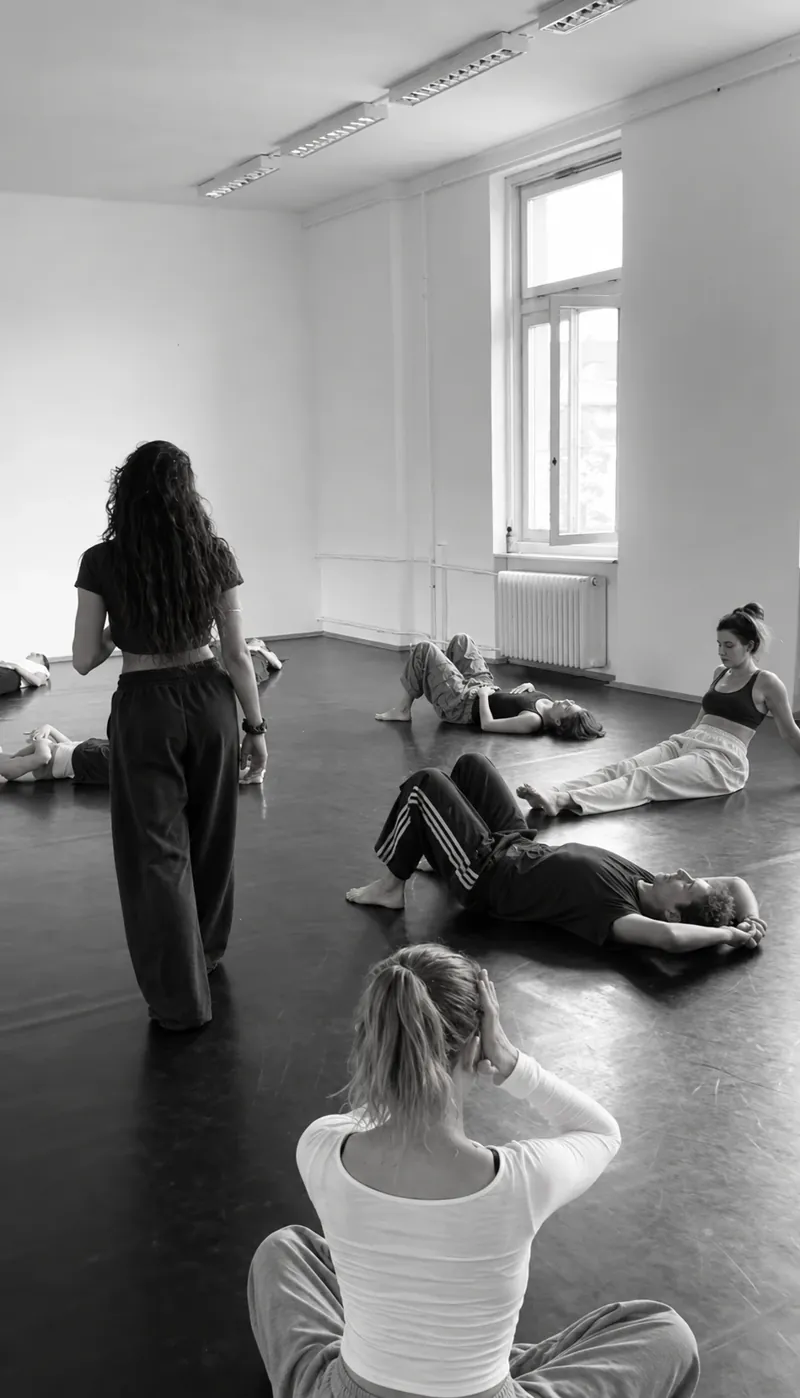 Reena walking among participants lying and sitting on the floor