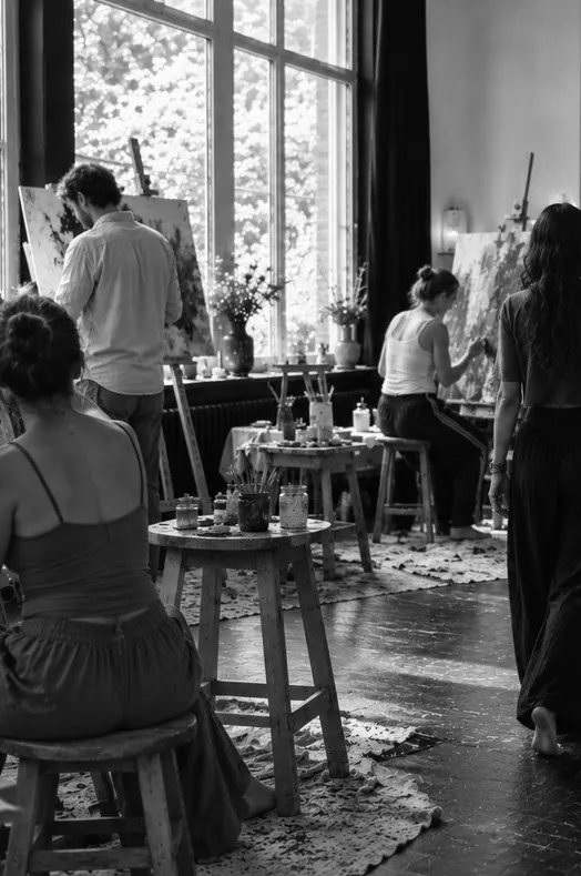 Participants painting at easels in a bright studio